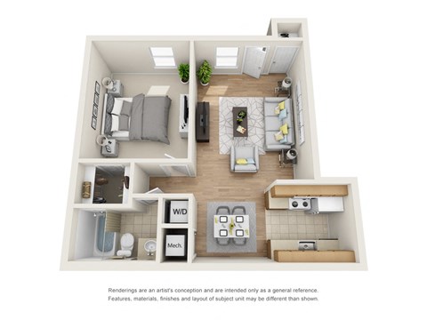 Floor plan for 1 bed, 1 bath, 626 sqft